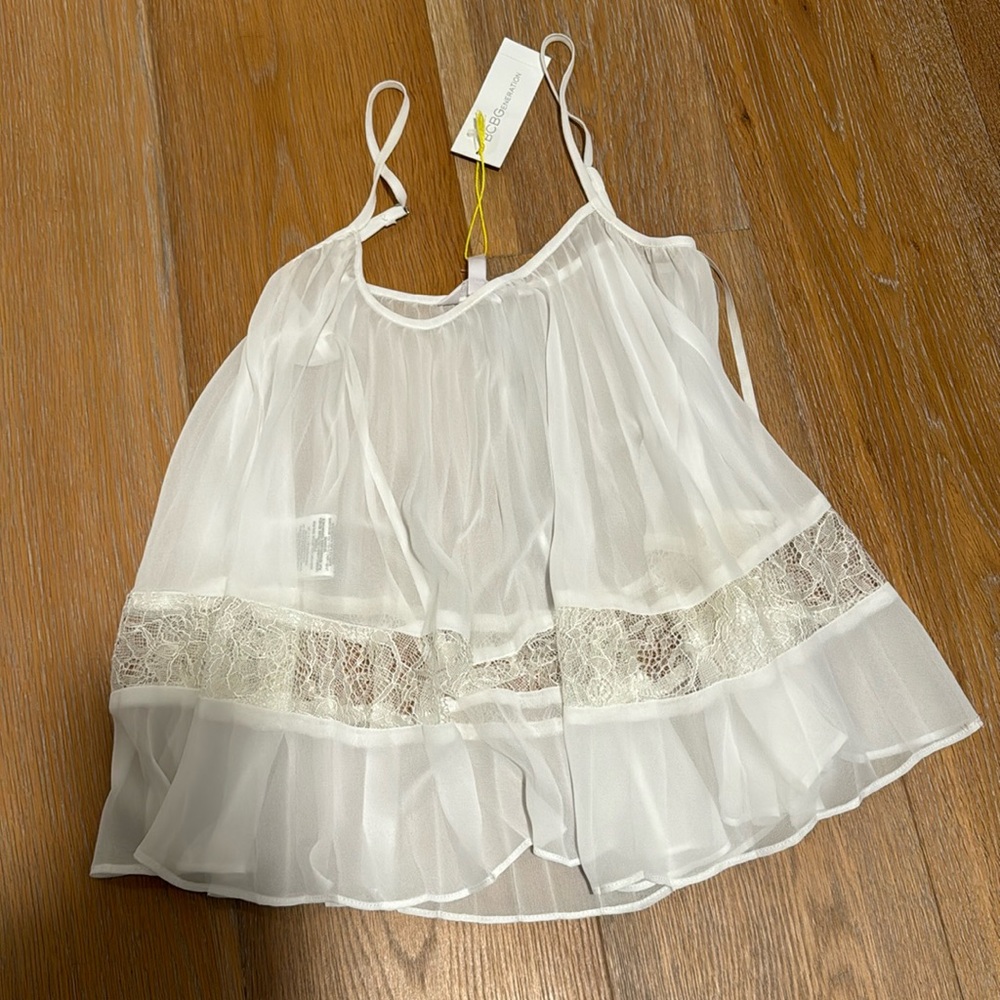 BCBGeneration sheer white pleated camisole top with lace detail